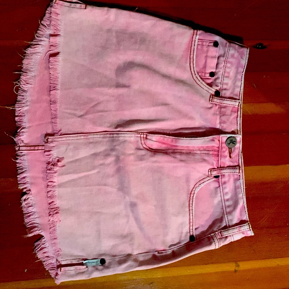 ONE TEASPOON- 2020 Mini Skirt Evil Eye Pink High Waist Denim Raw Hem